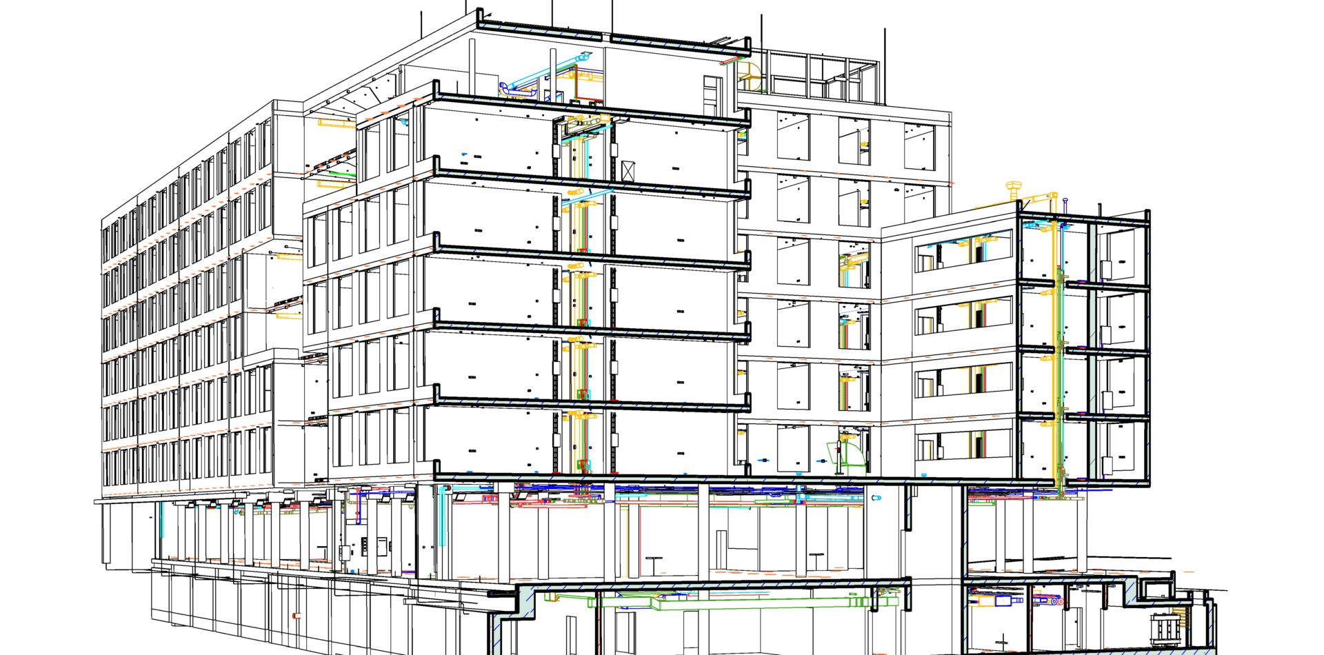 Digitales Architekturmodell des BaseCamp Dortmund mit Gebäudestruktur, Geschossen und Bauteilen