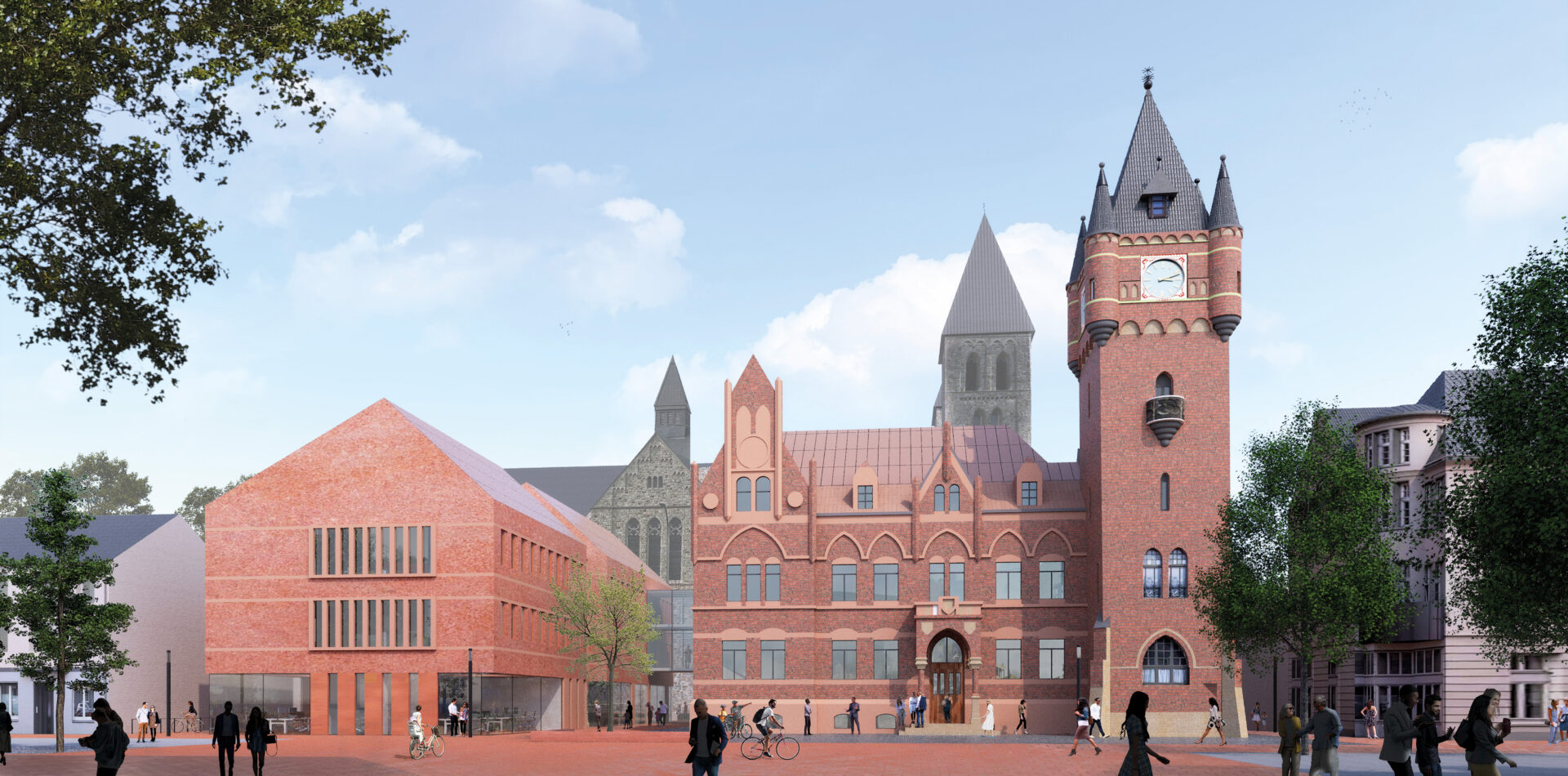 Visualisierung des zukünftigen Historischen Rathauses Gronau mit denkmalgeschütztem Rathausturm und neuen Baukörpern